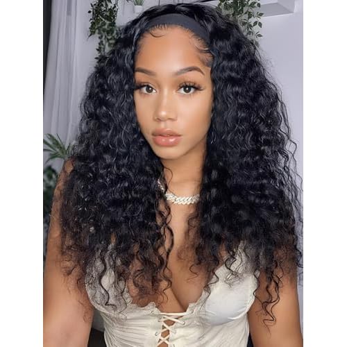 UNICE HookFit Water Wave Headband Wig Human Hair with Drawstring No-Slip Glueless Headband Half Human Hair Wig 150% Density Natural Black 20 inch