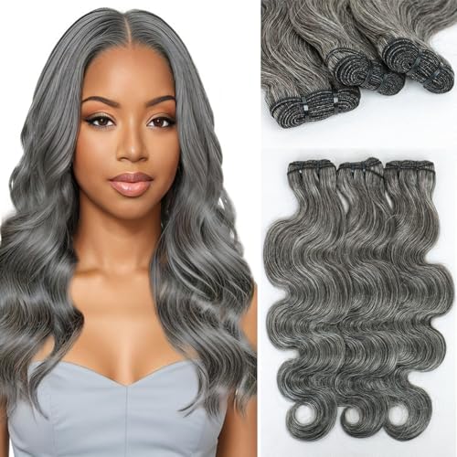 Grey Body Wave Bundles Human Hair 12 14 16 inch Salt and Pepper Human Hair Bundles 100% Unprocessed Virgin Human Hair Weave Extensions Natural Gray-White