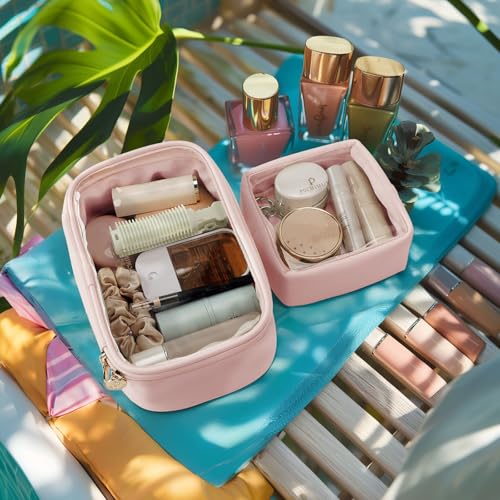 Pocmimut Mini Makeup Bag with Small Cosmetic Bag Travel Essentials Organizers,TSA Approved Toiletry Bag Makeup Pouch Clear Cosmetic Bags for Women,Pink