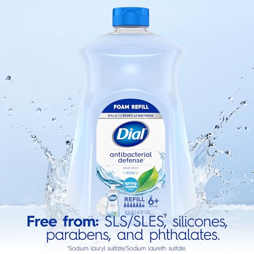 Dial Antibacterial Defense Foaming Hand Soap + Aloe, Spring Water Scent, 52 Fl Oz Hand Soap Refill, Dermatologist-Tested, Gentle on Skin