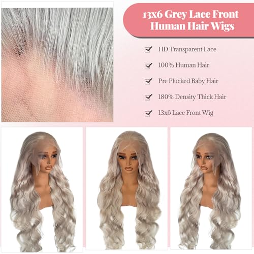 13x6 Lace Front Wig Human Hair, 180% Density Mini Knots HD Invisible Lace Wig for Women Free Part Glueless Silver Grey Colored Human Hair Wigs Long 34 Inch