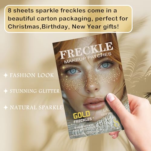 8 Pcs Gold Face Makeup Patches, Gold Glitter Freckles Face Tattoo, Glitter Freckles, Sparkle Makeup Patches, Waterproof Face Glitter Temporary Tattoos for Women