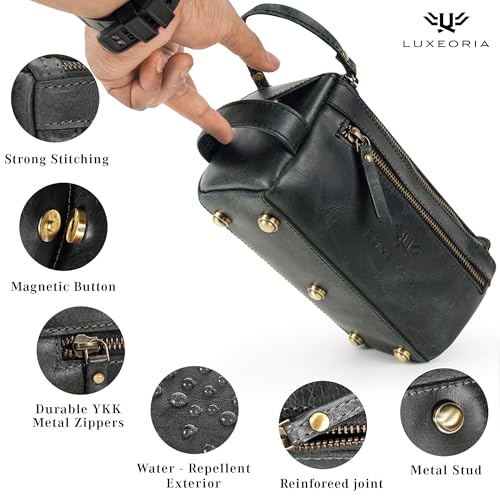 LUXEORIA Genuine Leather Toiletry Bags for Men and Women, Handmade Premium Leather Dopp Kit and Shaving Bag, Cosmetic Bag for Womens and Mens, Travel Essentials & Organizers