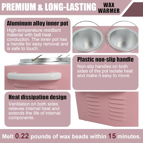 Wax Warmer Double Pot, Professional Electric Heater for Facial, Body, Spa, and Salon, 1.2L Dual Adjustable Temperature with 100 Wooden Craft Sticks, Hair Removal (Pink)