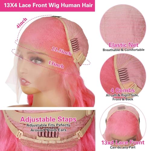 Pink Lace Front Wig - Human Hair, 13x4, 200 Density HD, Transparent Body Wave, 26 Inch
