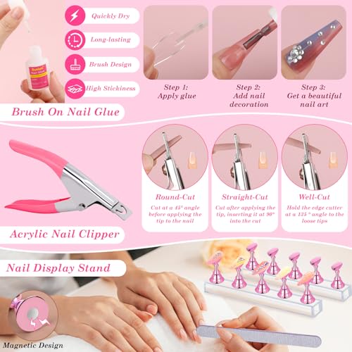 Acrylic Fake Nails Kit Press On Nail Kit with Clear Coffin Nail Tips Nail Display Stand Sequins Sticker Rhinestones Decorations Nail Glue Nail Clay Fine Glitter DIY Nail Art Tool and Supplies