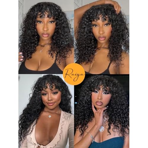 Ruiyu Shaggy Haircuts Curly Wig with Bangs Human Hair 2x4 HD Lace Closure Wear and Go Glueless Wig Water Wave Wigs with Bangs for Black Women 100% Brazilian Virgin Human Hair 20 Inch