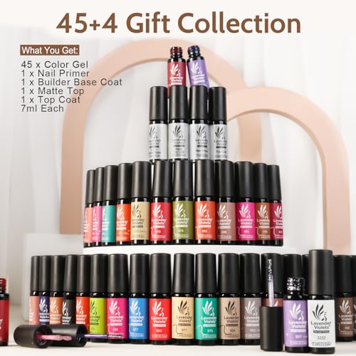 Lavender Violets 49 Pcs Gel Nail Polish Set, 45 Colors Gel Polish U V Nail Kit with Glitter Glossy Matte Base and Top Coat Set for Home Salon Manicure A906