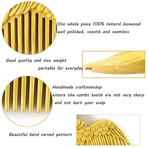 Wooden Comb For Women - Carved Craft Natural Boxwood Hair Comb - No Static Fine Tooth Wood Comb with gift box (Angel Wings)