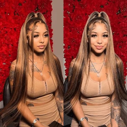 Ombre Lace Front Wig Human Hair 22inch Highlight 13x4 HD Straight Lace Front Wigs Human Hair 200% Density 4/27 Colored Honey Blonde Wig Human Hair Glueless Pre Plucked with Baby Hair
