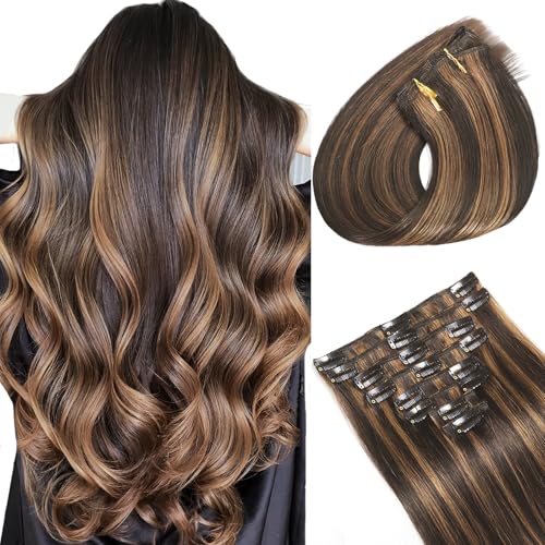 Clip in Hair Extensions Real Human Hair, Seamless Balayage Human hair Clip ins Extensions for Women Invisible Straight 8Pcs Double Weft Dark Brown Highlight Chestnut Brown 22inch 110g