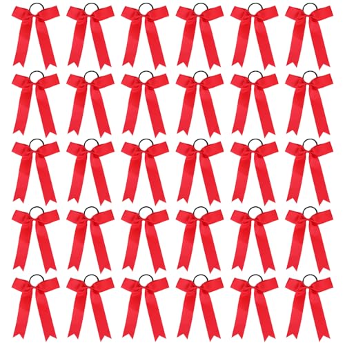 30 PCS College Style Cheer Bows Collegiate Long Tail Skinny Cheer Bow Elastic Hair Tie Bows for Teens Girls Softball Competition Sports Cheerleaders (Red)
