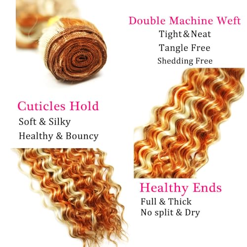 16 18 20 Inch Ginger Bundles Human Hair Deep Wave Bundle P350/613 Highlight Blonde 3 Bundles 300g/Pack Unprocessed Brazilian Virgin Hairs Double Weft Weaves Hair Extensions