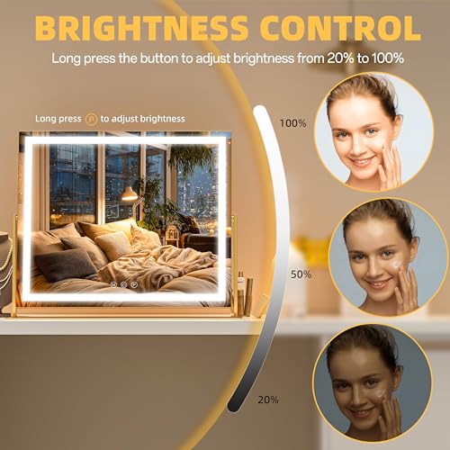 Vanity Mirror with Lights, 26'' x 22'' Lighted Makeup Mirror, Touch Screen with 3-Color Lighting, Dimmable for Vanity Desk Tabletop Square Gold