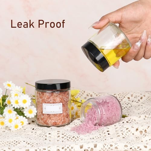 24 Pack 8 oz Glass Jars with lids, Clear Cosmetic Jars with Inner Liners and Black Lids, Lotion Jars, Candle Making Jars for Lotions, Scrubs and Cosmetic, Lables and Spatulas Include