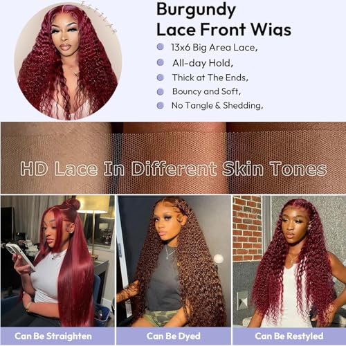 Estilar 99j Burgundy Lace Front Wigs Human Hair Red Deep Wave Lace Front Wigs Pre Plucked with Baby Hair 200 Density Glueless Curly Wig for Women 26 Inch