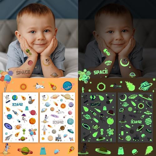 Temporary Fake Space Planets Glow In The Dark Tattoos For Kids, 80+ Pcs Space Astronaut Rocket Ship Alien Party Toys Favors Birthday Decorations For Boys Girls Teens(4 Sheets)