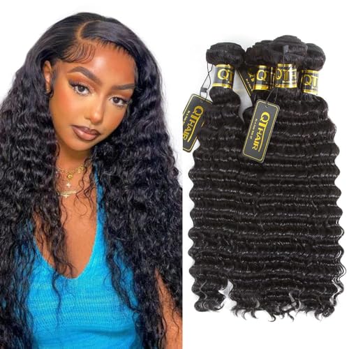 QTHAIR 16A Deep Wave Bundles 4 Bundles Human hair Brazilian Hair Deep Wave Bundles 100% Unprocessed Virgin Deep Curly Wavy Human Hair for Black Women (14 16 18 20Inch) Hair Extensions