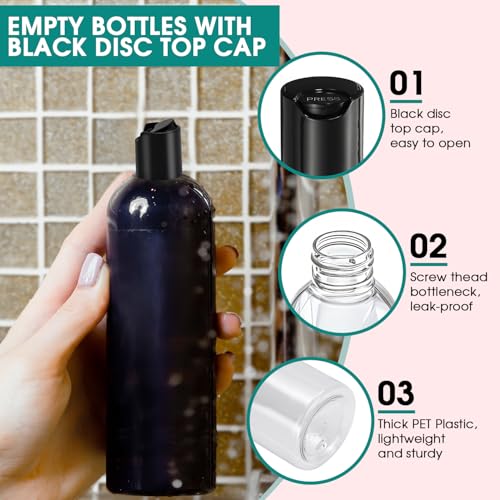 16 oz Clear Plastic Empty Bottles with Black Disc Top Caps, 12 Pcs Squeezable Refillable Shampoo Bottles Travel Cosmetic Containers for Lotions, Body Soap Cream