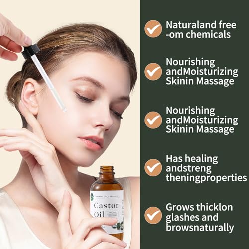Organic Castor Oil Cold Pressed Unrefined - Hair Growth & Care, Thicker Eyelashes & Eyebrows (4.23FlOz) - Certified Organic, Hexane Free