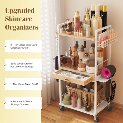 Makeup Organizer Cart with Wooden Drawer, 2-in-1 Floor Skincare Organizers with Jewelry Storage, 16.5'' L x 11.8'' W x 34.2'' H Large Make Up Organizers Vanity Organizer for Skin Care Hair Tool