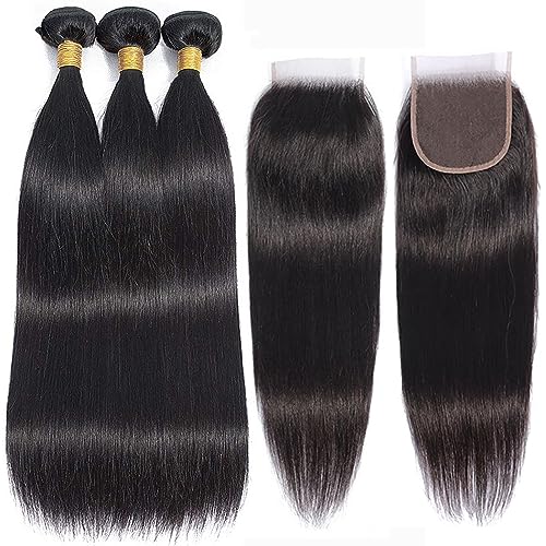 10A Straight Bundles with Closure 24 26 28 with 20 Inch Human Hair Bundles with Closure 100% Unprocessed Brazilian Virgin Human Hair Weave with Closure HD Lace