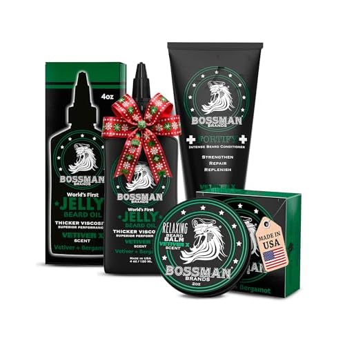 Bossman Essentials Beard Kit for Men, Set of 3 - Beard Oil Jelly, Fortifying Conditioner Cream, Beard Balm - Grooming Growth Care Accessories - Gift Set for Men (Vetiver X)