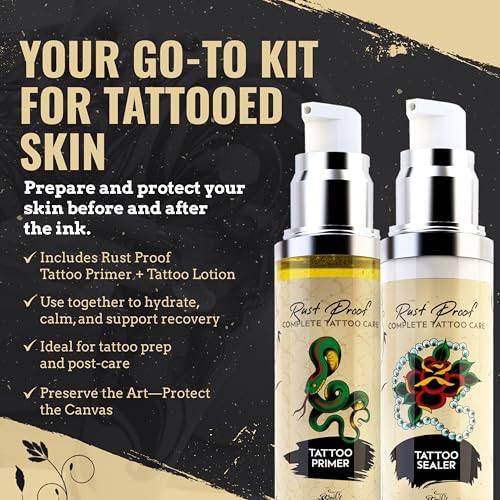 Rust Proof Complete Tattoo Care ? Comprehensive Pre & Post Tattoo Skincare Set with Body Oil & Moisture Sealing Body Lotion ? Lightweight Hydration & Moisture Barrier Protection ? 2- Piece Bundle