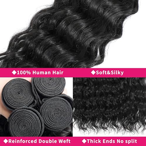 Deep Wave Bundles Human Hair 20 22 24 26 Inch Water Wave Human Hair Bundles Natural Curly Hair Bundle Double Weft Wet and Wavy Quick Weave Hair Extensions for Women