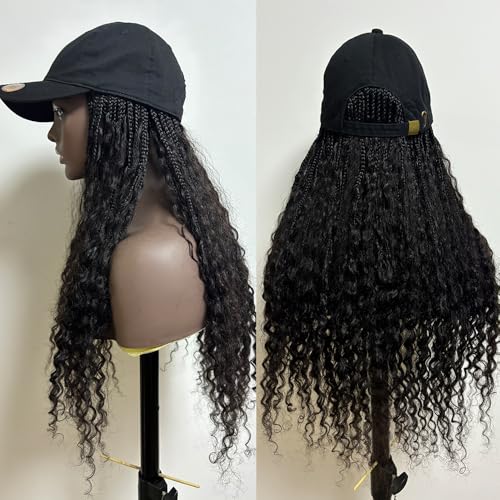 FlowerSeason Human Hair Cap Braided Wigs Human Hair Cap Boho Box Braids Wig with Cap Human Hair Cap Braided Wigs for Black Women Natural Color