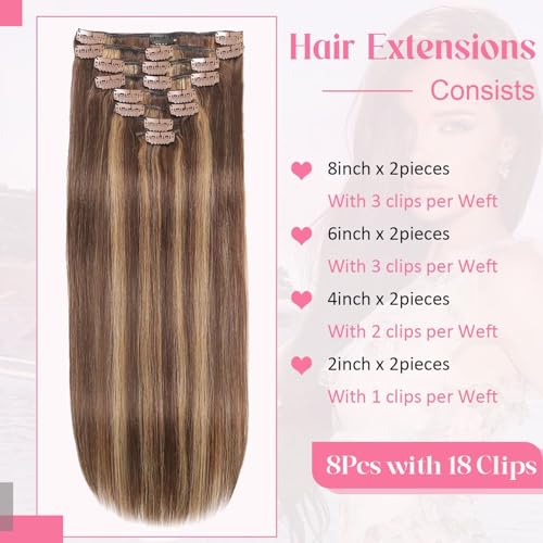 Clip in Hair Extensions Real Human Hair 4.3oz/120g Clip ins 100% Human Hair Extension for Women 8pcs Per Set with 18 Clips Double Weft (24 Inch #4/27 Chocolate Brown to Honey Blonde)