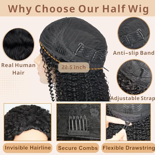 Body Wave Half Wig Human Hair 200% Density 3 In 1 Wear and Go Glueless Wigs Human Hair Seamless Half Wigs Human Hair Flip Over Wig Drawstring Headband Wig Human Hair Beginner Friendly 20 Inch