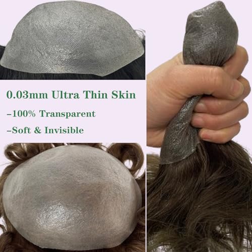 Ultra Thin Skin Men's Toupee 8x10 Inch Hairpiece for Men 0.03mm PU Base 100% European Human Hair V-Looped Natural Hairline Light to Medium Density (#22 Light Ash Blonde Color, 10x8 INCH)