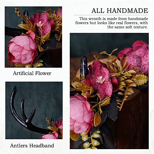 MOSTORY Handmade Dark Antler Flower Headband Fairy Floral Headpiece Black Horns Hairband Medieval Woodland Crown for Renaissance Festival Cosplay Halloween Wedding Fae Ball Masquerade