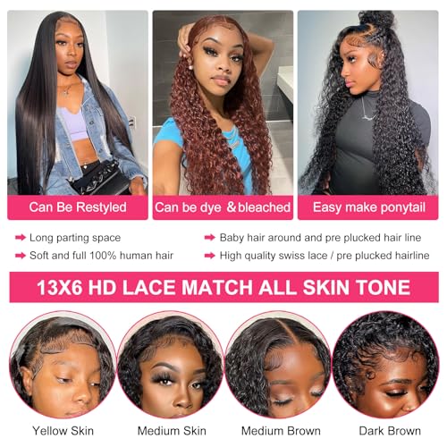 30 Inch Deep Wave Lace Front Wigs Human Hair 13x6 HD Transparent Deep Curly Lace Frontal Wigs 180% Density Glueless Wigs Human Hair pre Plucked with Baby Hair Natural Color