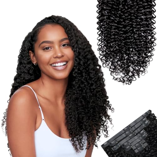 SIYUSI Curly Clip In Hair Extensions, Seamless Pu Weft, Premium Brazilian Remy Human Hair Clip Ins, Invisible & Scalp-Friendly, Natual Black, 4.59oz, 7Pcs (22 Inch)