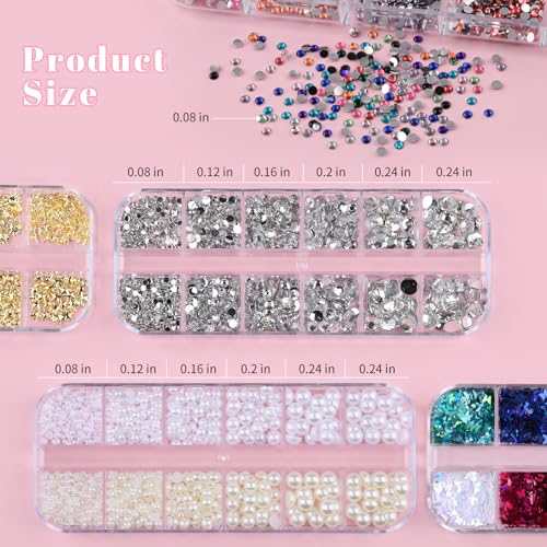 10 Boxes Nail Art Kit - 12 Colors Pointed/Flatback Rhinestones, 3D Gold/Silver/Rose Nail Studs, White Beige Half Pearls, Holographic Glitter & Foils + 3 Tools for DIY Nail Art Jewels & Crafts
