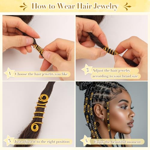 255 PCS Gold Hair Jewelry for Braids, 38 Styles Loc Hair Charms for Women Men, Metal Hair Cuffs Rings Clips for Dreadlock Accessories Hair Braids Jewelry Decorations(Gold)