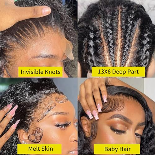 Deep Wave Lace Front Wigs Human Hair 13x6 HD Transparent Deep Curly Lace Frontal Wigs Human Hair 180% Density Glueless Wigs Human Hair pre Plucked Natural Color 32 Inch