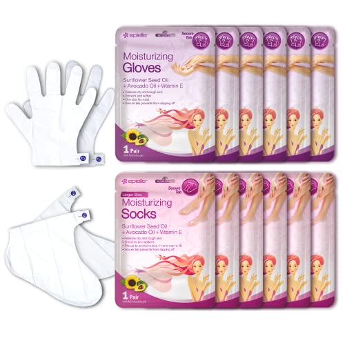 Epielle Moisturizing Hand & Foot Masks for Dry, Rough Skin, Self Care Gifts for Women, Spa Kit, Stocking Stuffers, Thanksgiving Essentials, 6 Moisturizing Gloves & 6 Moisturizing Socks