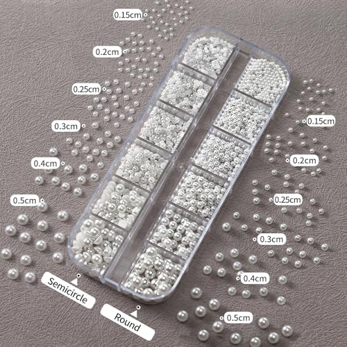 12 Grids Pearl Beads Nail Art Charms Nail Pearls White Pearl Charms for Nails Design Flat Back Pearls for Crafting Manicure Bead Kit Women Nail Beads Fingernail Decorations Cute Beads for Crafts