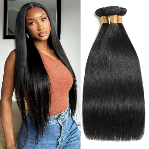 Raw Human Hair Bundles Straight Weave Bundles Human Hair 24 26 28 Inch Long Straight Virgin Hair Soft Silky Glossy Brazilian Remy Bundle Weft Human Hair Extensions