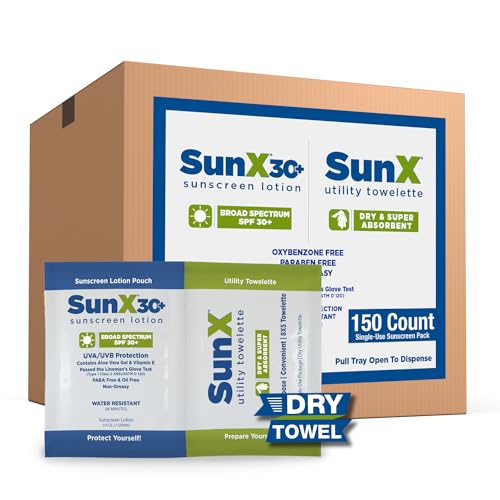 CoreTex Sun X 30+ Broad Spectrum Sunscreen Packets & Dry Towels Duo Kit - Pack of 150 Paraben, Oxybenzone, Octinoxate, & Oil Free Sunscreen - No White Cast and Water Resistant Up to 80 Minutes
