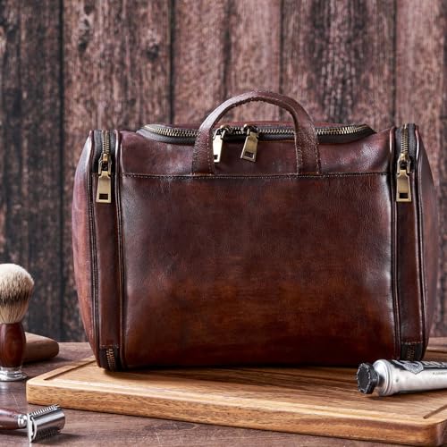 Toiletry Bag For Men, Genuine Leather Toiletries Organizer, Large Travel Hanging Toiletry Bag Water-resistant Bathroom Shaving Kit for Cosmetics, Makeup Case Travel Dopp Kit