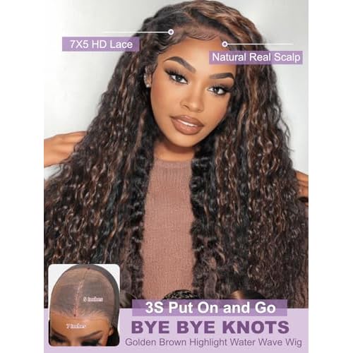 YIROO Golden Brown Highlight 7X5 Bye Bye Knots Water Wave Lace Closure Wig Human Hair Glueless Pre Cut Pre Plucked Invisible Knots Lace Front Wigs Ready to Go Wet and Wavy Wigs 150% Density 22Inch