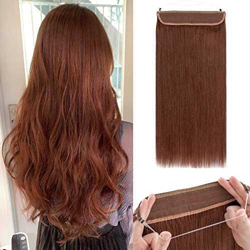Benehair Human Hair Extensions Thick Ends Invisible Wire Real Human Hair with 2 Fish Lines Thicker Hairpieces 20inch 110g Dark Auburn Hair Extensions Straight Thicker Hairpieces for Women #33