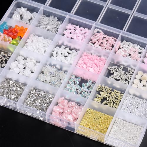 3D Nail Charms Bulk - Mix Assorted Colorful Nail Art Charms with Flowers, Hearts, Pearls, Butterflies, Bows & Crystals - Includes Pickup Tool