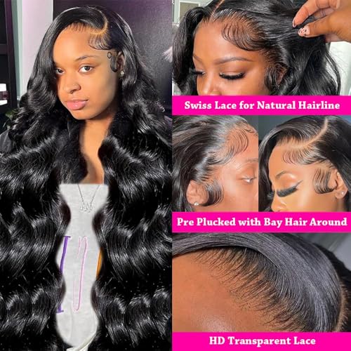 Lzlefho 28 Inch 13x6 Body Wave Lace Front Wigs Human Hair Pre Plucked 250% Density HD Lace Frontal Wig Human Hair For Women Body Wave Glueless Wigs With Baby Hair