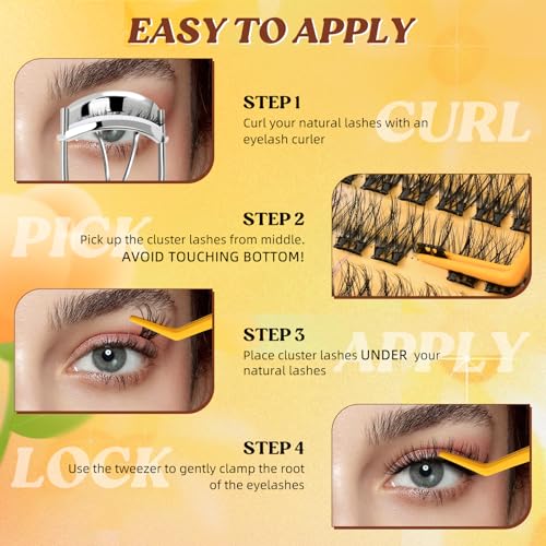 QUEWEL Self Adhesive Lash Clusters Kit, Pre Glued Eyelashes Clusters, 10-16MM Strong Hold Self Adhesive Eyelashes,D Curl Press On Lashes No Glue Needed DIY Lash Extensions Kit at Home(MJ02)