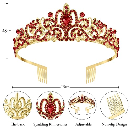 Red Crown Crystal Tiaras for Women Rhinestone Headbands for Girl Happy Birthday Princess Goddess Crown with Combs Elegant Headdress Decorations Bridal Wedding Prom Party Costumes Gift